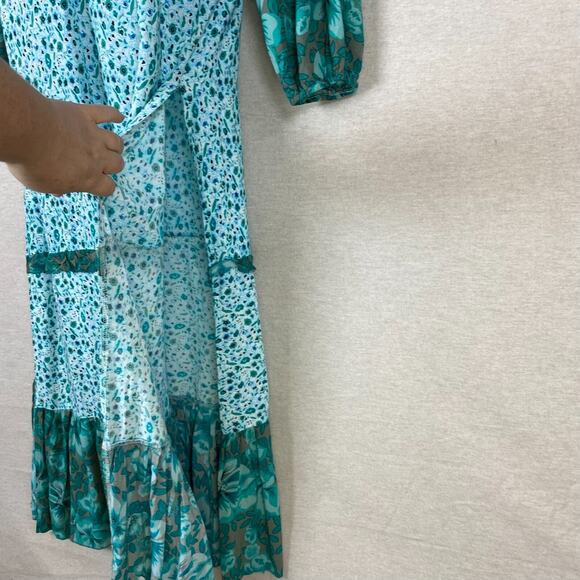 R Vivimos Womens Boho Peasant Maxi Dress Size S Side Slit Tiered Micro Floral - Picture 5 of 10